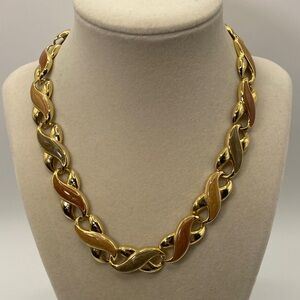 Elegant Gold Tone Necklace with Rust, Mustard and Olive Green Swirls